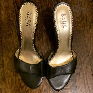 BCBG Black Leather Cork Wedge
